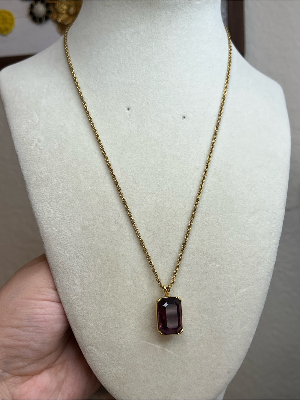 Monet Vintage Gold Tone Purple Rhinestone Elegant Necklace Dainty 18” - Picture 3 of 9